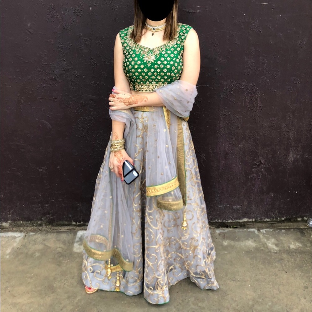 Green, Gold, Grey Indian Lehenga- heavy & gorgeous